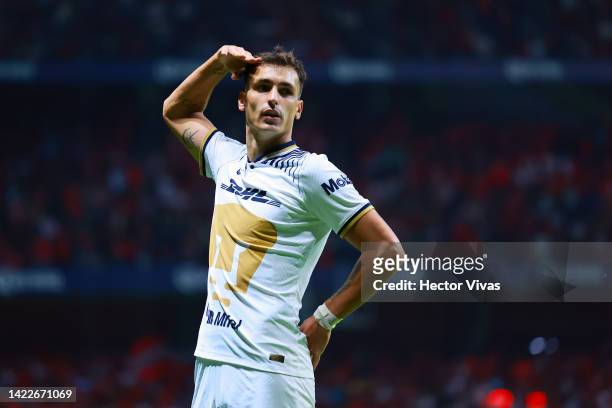 Juan Dinenno of Pumas celebrates after scoring his team's first goal during the 14th round match between Toluca and Pumas UNAM as part of the Torneo...