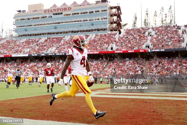 Max Williams of the USC Trojans runs in for a touchdown against the Stanford Cardinal at Stanford Stadium on September 10, 2022 in Stanford,...