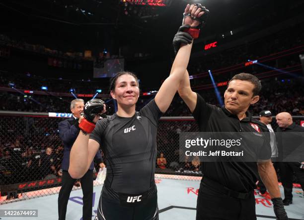 Irene Aldana of Mexico reacts after her victory over Macy Chiasson in a 140-pound catchweight fight during the UFC 279 event at T-Mobile Arena on...