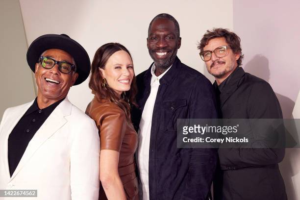 Giancarlo Esposito, Emily Swallow, Rick Famuyiwa, and Pedro Pascal pose at the IMDb Official Portrait Studio during D23 2022 at Anaheim Convention...