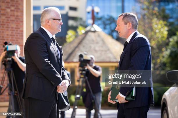 Honourable Christopher Dawson APM, Governor of Western Australia, greets Western Australia Premier Mark McGowan ahead of the proclamation of King...