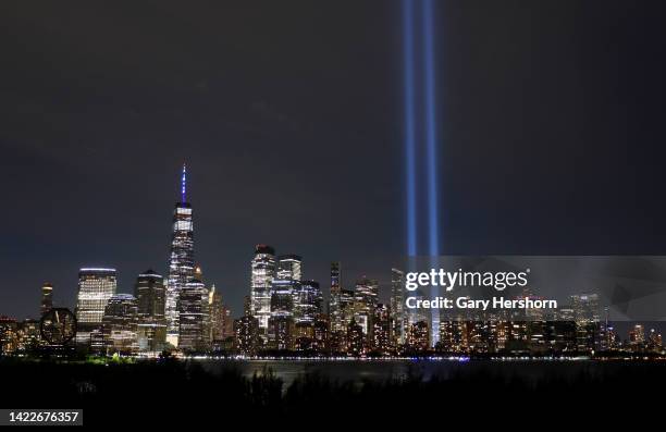 The Tribute in Light is illuminated over lower Manhattan and One World Trade Center one day before the 21st anniversary of the September 11th attacks...