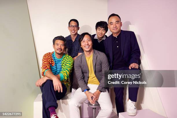 Destin Daniel Cretton, Gene Luen Yang, Kelvin Yu, Ben Wang, and Melvin Mar pose at the IMDb Official Portrait Studio during D23 2022 at Anaheim...