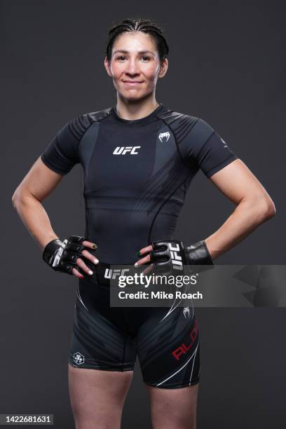 Irene Aldana of Mexico poses for a portrait after her victory during the UFC 279 event at T-Mobile Arena on September 10, 2022 in Las Vegas, Nevada.