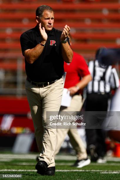 Head coach Greg Schiano of the Rutgers Scarlet Knights cheers his players before a college football game against the Wagner Seahawks at SHI Stadium...