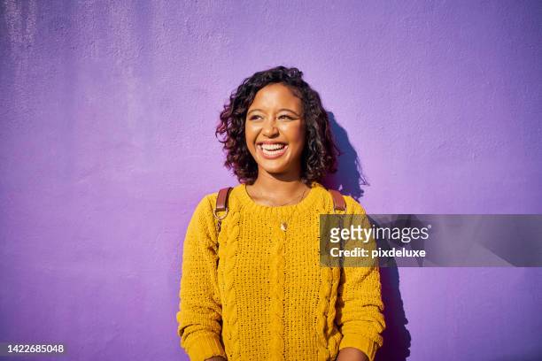 cool, gen z and smile of woman on purple wall background and mock up, summer sunshine. happy, carefree and casual millennial or teenager girl on holiday break enjoying outdoors with colorful mock up - gen i stock pictures, royalty-free photos & images