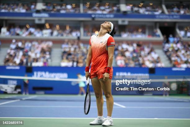 September 10: Ons Jabeur of Tunisia reacts during her loss against Iga Swiatek of Poland in the Women's Singles Final match on Arthur Ashe Stadium...