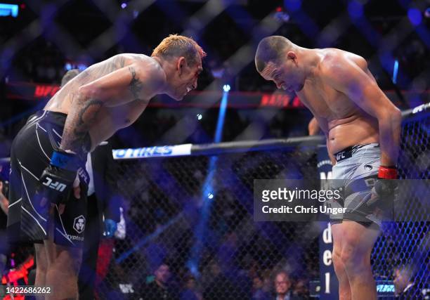 Nate Diaz and Tony Ferguson pay each other respect after their welterweight fight during the UFC 279 event at T-Mobile Arena on September 10, 2022 in...