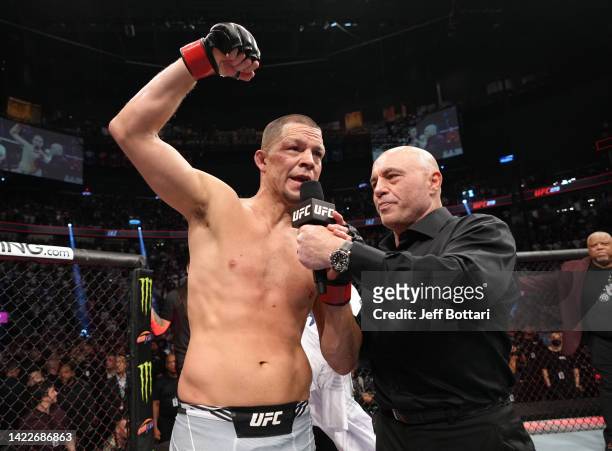 Nate Diaz reacts after his submission victory over Tony Ferguson in a welterweight fight during the UFC 279 event at T-Mobile Arena on September 10,...
