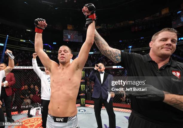 Nate Diaz reacts after his submission victory over Tony Ferguson in a welterweight fight during the UFC 279 event at T-Mobile Arena on September 10,...