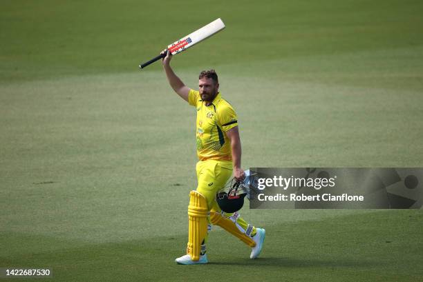 Aaron Finch of Australia acknowledges the crowd as he walks off after playing his last One Day International, during game three of the One Day...