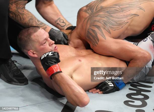 Nate Diaz reacts after his submission victory over Tony Ferguson in a welterweight fight during the UFC 279 event at T-Mobile Arena on September 10,...