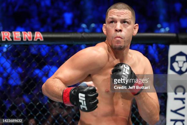 Nate Diaz prepares to fight Tony Ferguson in a welterweight fight during the UFC 279 event at T-Mobile Arena on September 10, 2022 in Las Vegas,...