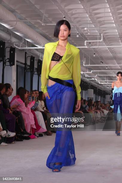 Model walks the runway at the S/S 2023 Prabal Gurung fashion show during New York Fashion Week at United Nations Plaza on September 10, 2022 in New...