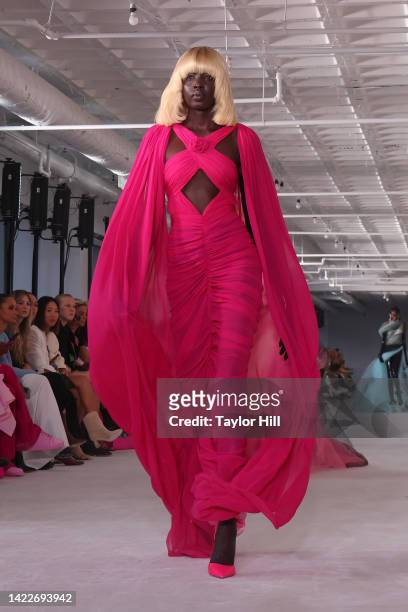Model walks the runway at the S/S 2023 Prabal Gurung fashion show during New York Fashion Week at United Nations Plaza on September 10, 2022 in New...