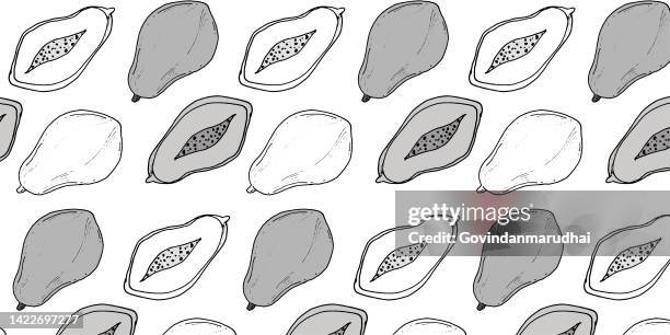 vector set of seamless patterns. pattern of papaya fruit, white and dark background. - papaya leaf stock illustrations