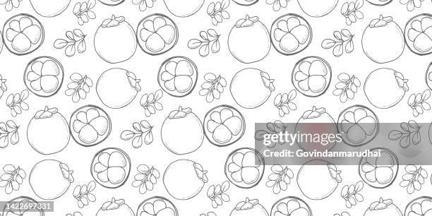 stockillustraties, clipart, cartoons en iconen met vector set of seamless patterns. pattern of mango steen fruit, white and dark background. - mangosteen