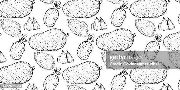 illustrazioni stock, clip art, cartoni animati e icone di tendenza di set vettoriale di modelli senza soluzione di continuità. modello di jackfruit, sfondo bianco e scuro. - jackfruit