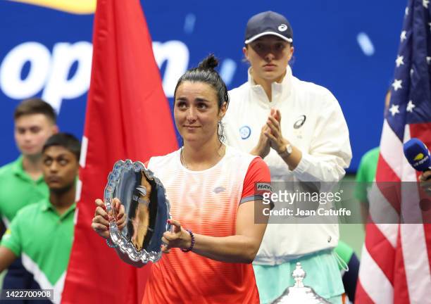 Finalist Ons Jabeur of Tunisia, winner Iga Swiatek of Poland during the women's final trophy ceremony on day 13 of the US Open 2022, 4th Grand Slam...