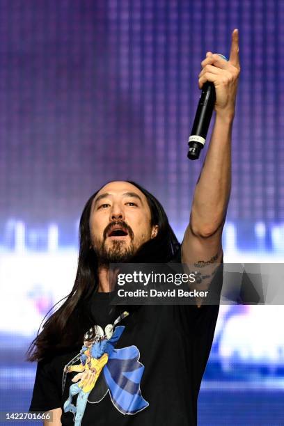 Producer Steve Aoki performs during the Rumbazo Latin Music & Culture Festival at the Downtown Las Vegas Events Center on September 10, 2022 in Las...