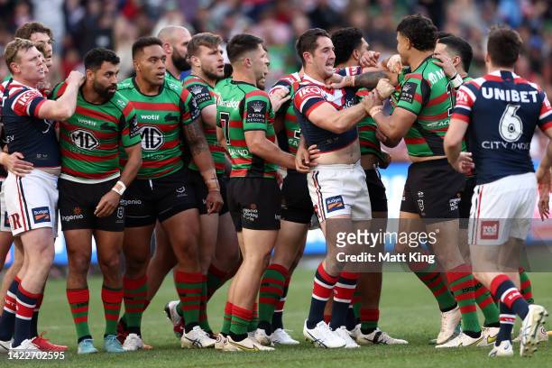 Players scuffle during the NRL Elimination Final match between the Sydney Roosters and the South Sydney Rabbitohs at Allianz Stadium on September 11,...