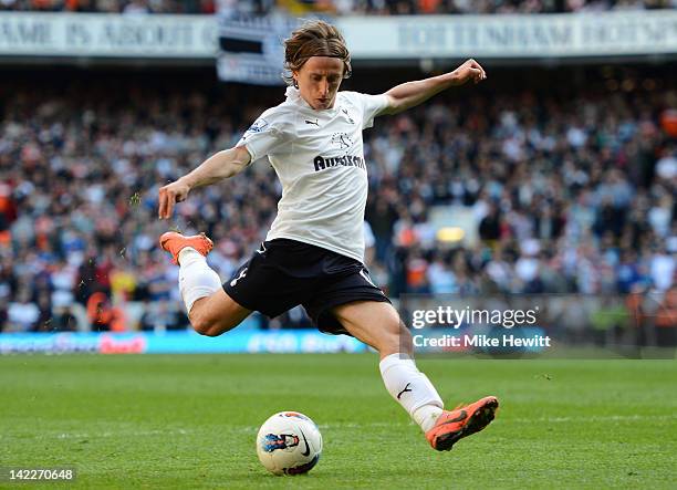 Luka Modric of Spurs takes a shot during the Barclays Premier League match between Tottenham Hotspur and Swansea City at White Hart Lane on April 1,...