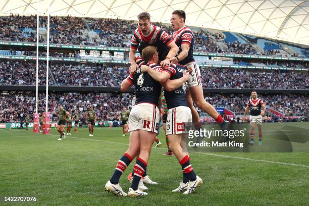Daniel Tupou of the Roosters celebrates scoring a try during the NRL Elimination Final match between the Sydney Roosters and the South Sydney...