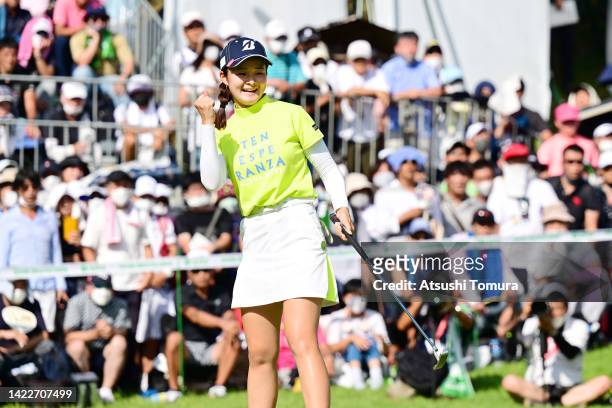 Haruka Kawasaki of Japan celebrates holing the birdie putt on the 18th green during the final round of the JLPGA Championship Konica Minolta Cup at...