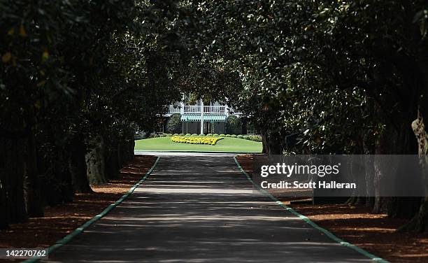 Magnolia Lane's 60 magnolia trees and the clubhouse are seen at Augusta National Golf Club before The Masters on April 1, 2012 in Augusta, Georgia.