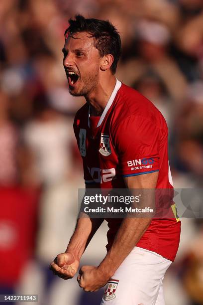 Matthew Bilic of Sydney United 58 FC celebrates victory during the Australia Cup Semi Final match between Sydney United 58 FC and Brisbane Roar at...