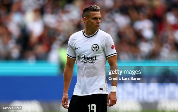 Rafael Santos Borre of Frankfurt looks on during the Bundesliga match between Eintracht Frankfurt and VfL Wolfsburg at Deutsche Bank Park on...