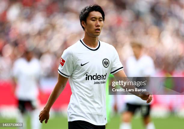 Daichi Kamada of Frankfurt looks on during the Bundesliga match between Eintracht Frankfurt and VfL Wolfsburg at Deutsche Bank Park on September 10,...