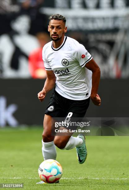 Djibril Sow of Frankfurt runs with the ball during the Bundesliga match between Eintracht Frankfurt and VfL Wolfsburg at Deutsche Bank Park on...