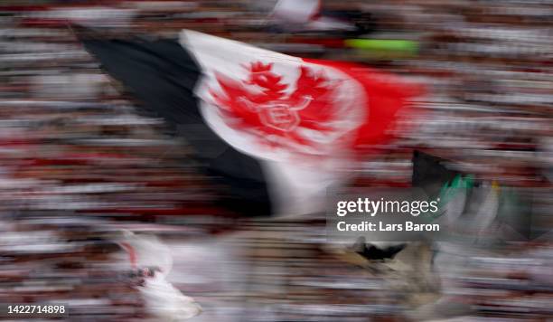 Fans of Frankfurt are seen during the Bundesliga match between Eintracht Frankfurt and VfL Wolfsburg at Deutsche Bank Park on September 10, 2022 in...