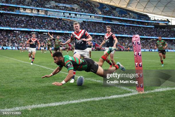 Alex Johnston of the Rabbitohs scores a try during the NRL Elimination Final match between the Sydney Roosters and the South Sydney Rabbitohs at...