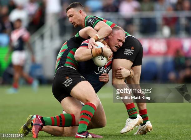 Matthew Lodge of the Roosters is tackled during the NRL Elimination Final match between the Sydney Roosters and the South Sydney Rabbitohs at Allianz...