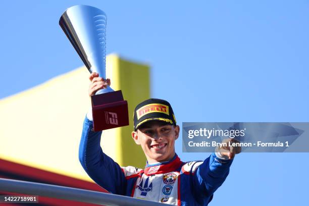 Race winner Zane Maloney of Barbados and Trident celebrates on the podium during the Round 9:Monza Feature race of the Formula 3 Championship at...