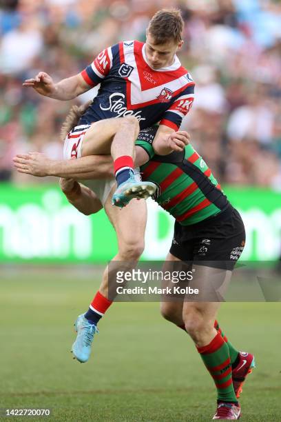 Sam Walker of the Roosters is tackled during the NRL Elimination Final match between the Sydney Roosters and the South Sydney Rabbitohs at Allianz...