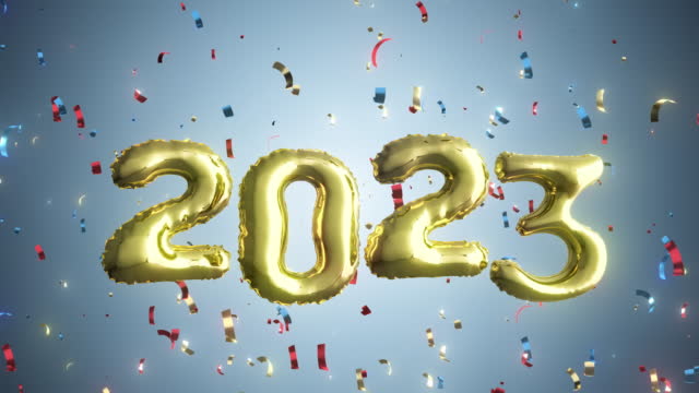 Gold foil balloons letters 2022 with confetti falling 3d animation