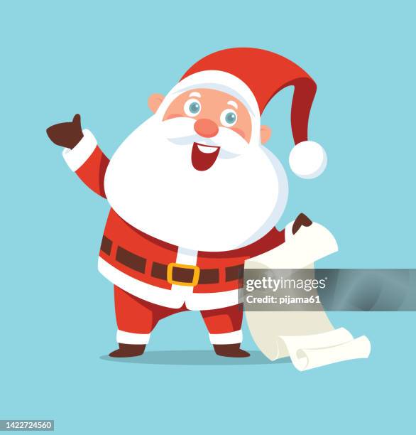 santa claus reading gift giving list - santa giving out presents stock illustrations