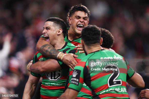 Isaiah Tass of the Rabbitohs celebrates with Cody Walker and Latrell Mitchell after scoring a try during the NRL Elimination Final match between the...