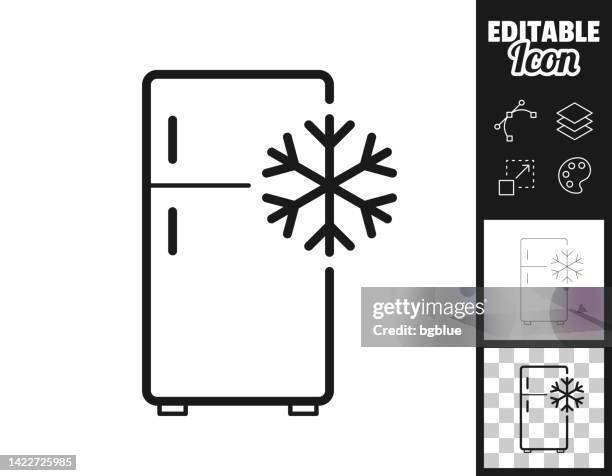 kühlschrank mit schneeflocke. icon für design. leicht editierbar - fridge line art stock-grafiken, -clipart, -cartoons und -symbole