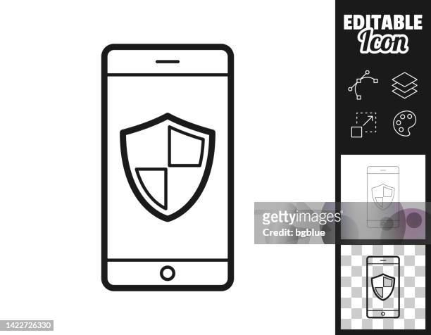 smartphone with shield. icon for design. easily editable - black and white smartphone stock illustrations