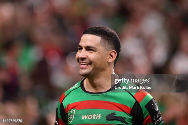 Cody Walker of the Rabbitohs celebrates victory during the NRL Elimination Final match between the Sydney Roosters and the South Sydney Rabbitohs at...