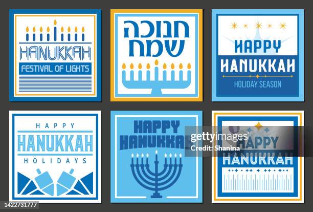 ilustrações de stock, clip art, desenhos animados e ícones de set of hanukkah cards and tags - menorah