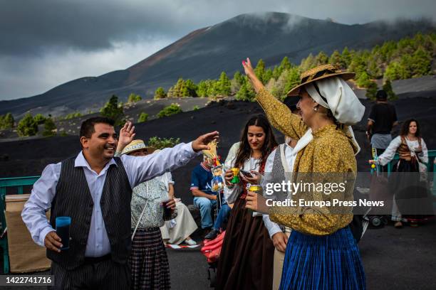 Residents of the neighborhood of Las Manchas dance in their traditional Romeria de San Nicolas Neri, on 10 September, 2022 in El Paso, La Palma,...