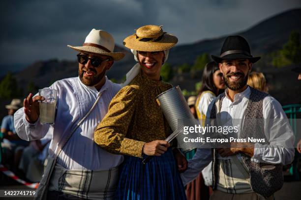 Residents of the neighborhood of Las Manchas dance in their traditional Romeria de San Nicolas Neri, on 10 September, 2022 in El Paso, La Palma,...