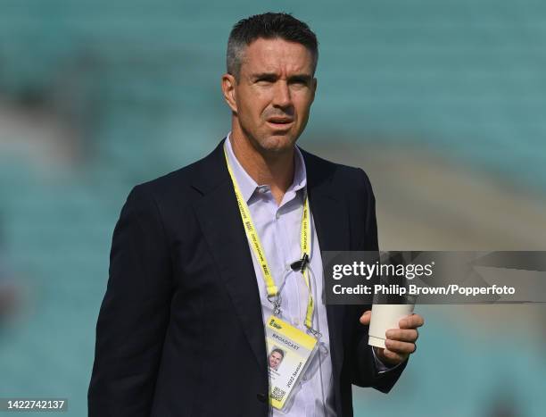 Kevin Pietersen working for Sky Television looks on before the fourth day of the third Test between England and South Africa at The Kia Oval on...