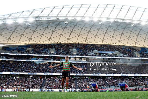 Latrell Mitchell of the Rabbitohs reacts after kicking a conversion during the NRL Elimination Final match between the Sydney Roosters and the South...