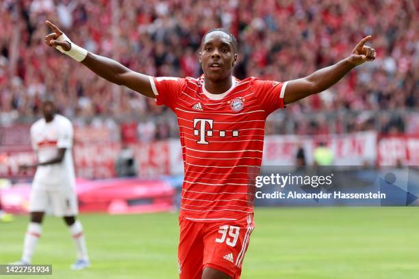 Mathys Tel of Bayern Munich celebrates after scoring their team's first goal during the Bundesliga match between FC Bayern Muenchen and VfB Stuttgart...
